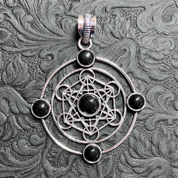 Black Obsidian Metratrons Cube Sacred Geometry Pendant Stone Crystal Jewelry - Picture 1 of 7